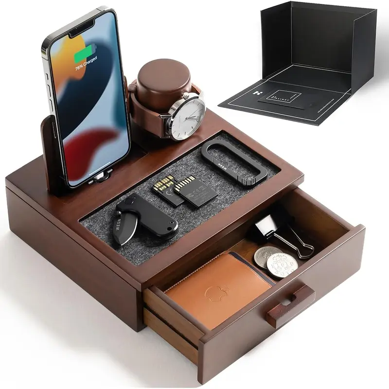 NEW Nightstand Organizer For Men - Wood Phone Docking Station to Charge Your Phone and Organize Your Watch & Accessories - Wood Charging Station with Lined Tray & Drawer 0