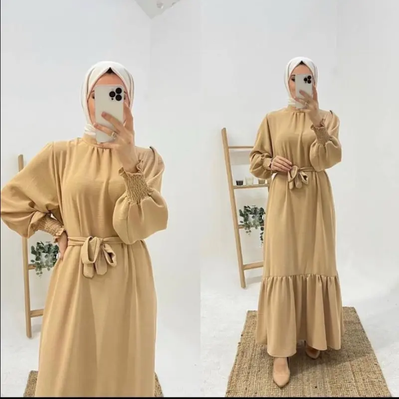 Beige Volan Abaya Maxi Dress - Made in Turkey