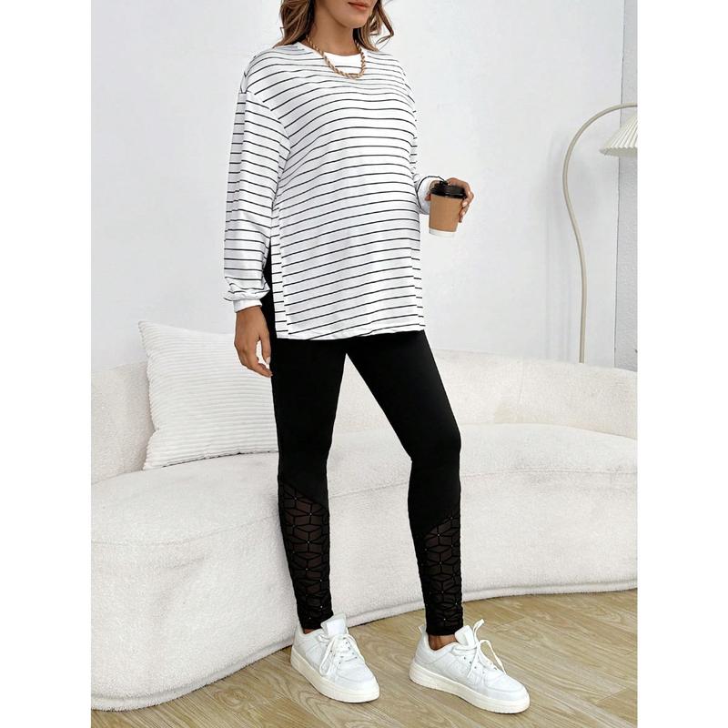 Maternity Striped Print Drop Shoulder Split Hem Tee With Long Sleeve 4