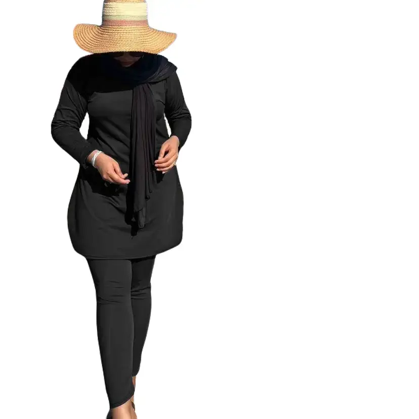 Burkini For Women Modest Women Swimsuit  Burkini Adjustable Cover Swimwear  No Cap, New Black Plain For Beach and swimming pool