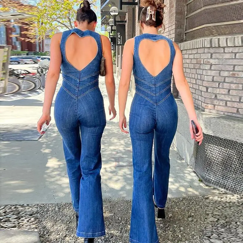 European and American Women's Clothing 2024 Summer New Slim Fit Slim Fashion Sleeveless Backless High Waist Micro Pull Denim Jumpsuit Womenswear Overalls Comfort Blue Minimalist Basic