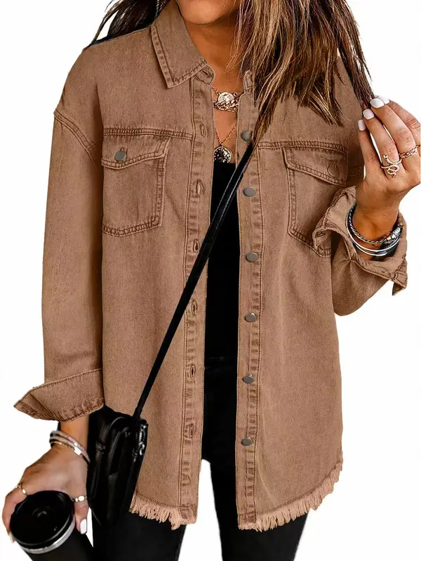 Women’s Oversized Button Up Frayed Hem Shacket Long Sleeve Pockets Denim Jean Jacket Womenswear Coats Comfort Casual Outerwear Fitted 6