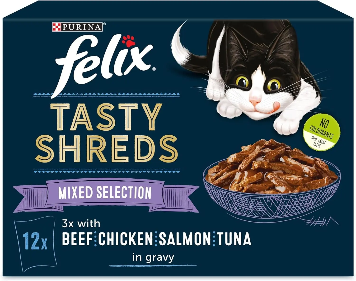 Felix Tasty Shreds Mixed Selection in Gravy Cat Food 12x80g, Pack of 4