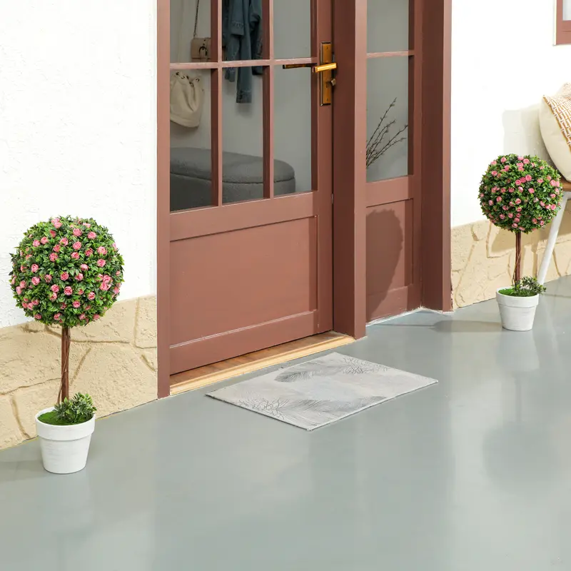 HOMCOM Set of 2 Decorative Artificial Plants, Ball Topiary Tree with Rose Flower in Pot, Fake Plants for Home Indoor Outdoor Decor, 60cm 1