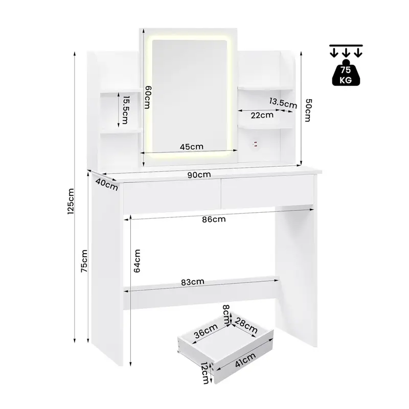 WOLTU Dressing Table with Dimmable LED Lights, Vanity Desk with Mirror & 2 USB Charging Ports, Makeup Table with 2 Drawers and Open shelves, Wooden Bedroom Dresser, White, MB6112ws clear  vanity 7