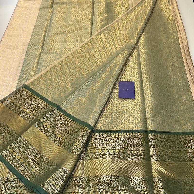Brocade Semi-Silk Saree Pearl X Bottle Green Colour 3