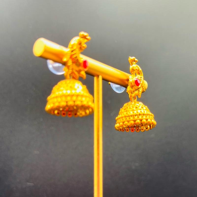 Traditional Gold-Plated Imitation Jhumka Earrings with Ruby Stone (Small) 3