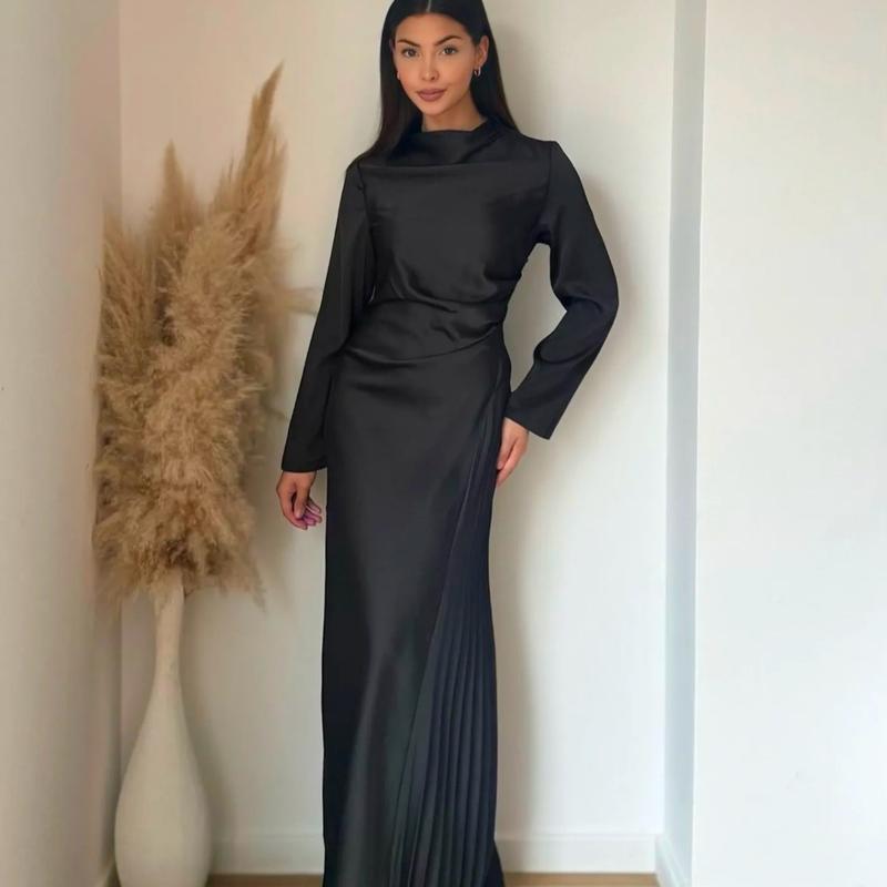 Women's Satin Dress with Pleated Design for Casual Wear - Womenswear Minimalist Maxi Comfort Long Sleeve party Christmas new years 1