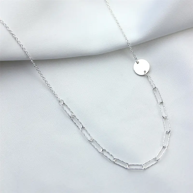Sterling Silver Engravable Disc Long Hammered Link Necklace 2