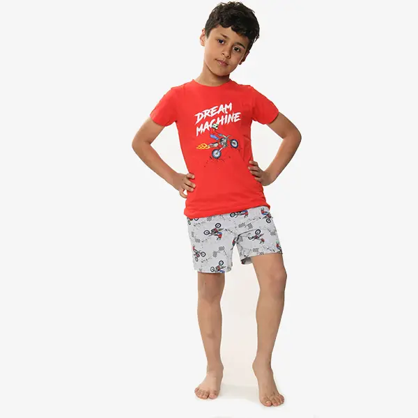 Dream Machine Boys Pyjamas Pjs - Red Grey - Ages 3-10 Years - Graphic Motorbike Design 1