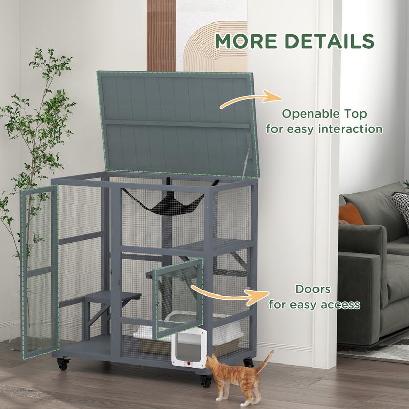 Product Introduction of Cat Cage House, Catio Cat Outdoor Enclosure on Wheels, Weather-Resistant Wooden Kitty Cage with Platforms, Hammock, 100L x 60W x 110Hcm - Light Grey 8