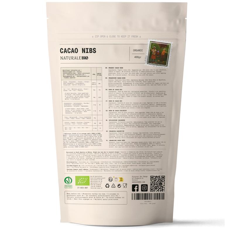 Organic Raw Cacao Nibs 400g. Natural and Pure. Made in Tropical Regions from The Theobroma Cacao Plant. Source of Magnesium, Potassium and Iron. NaturaleBio 7