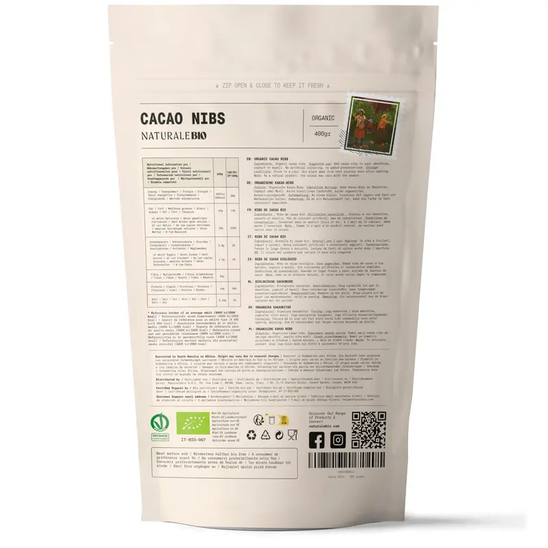 Organic Raw Cacao Nibs 400g. Natural and Pure. Made in Tropical Regions from The Theobroma Cacao Plant. Source of Magnesium, Potassium and Iron. NaturaleBio 7