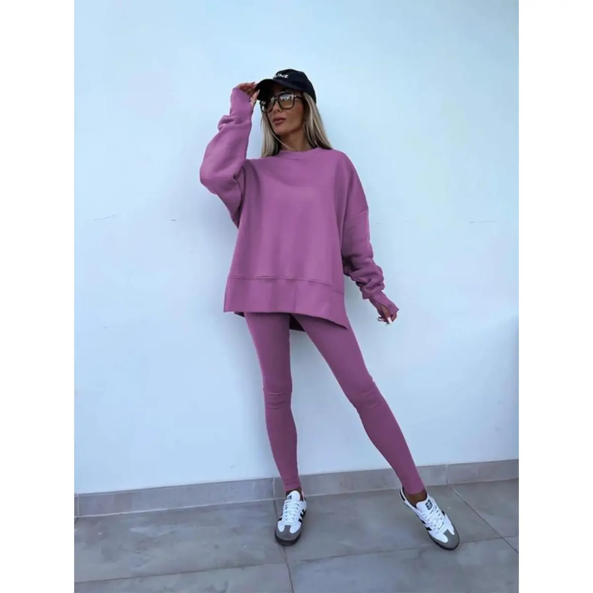 Women's Solid Drop Shoulder Sweatshirt & Elastic Waist Pants Two-piece Set, Casual Fashion Cozy Split Hem Long Sleeve Pullover & Skinny Trousers for Daily Outdoor Wear, Summer Outfits 2024 Sets, Women's Clothing for Spring & Fall, Winter Outfits