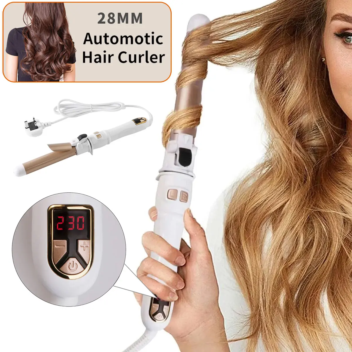 Automatic Rotating Hair Curler, 28mm Big Wave Curling, Fast Heating Ceramic Barrel, ​Hair Waver PTC Ceramic Ionic Electric Curling Wand, Negative ion Curly Styling Tool, Adjustable Temperature Settings For Women Home Travel Salon Styler Use For Gifts