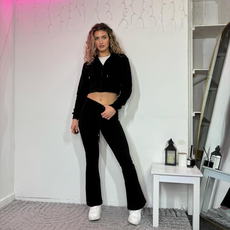 [HouseofTrendz] BRITNEY Cropped Hoodie & Flares Tracksuit 90% Cotton Co-Ord - Y2K Womens Zip Up Scuba Drawstring  Flared Leggings Two Piece Set Thick Soft Casual Comfy Street Loungewear 7