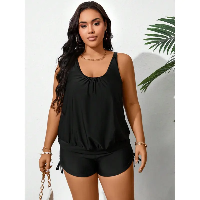 Swim Curve Plus Size Summer Beach Simple Solid Sleeveless Ruched Tankini Set 2