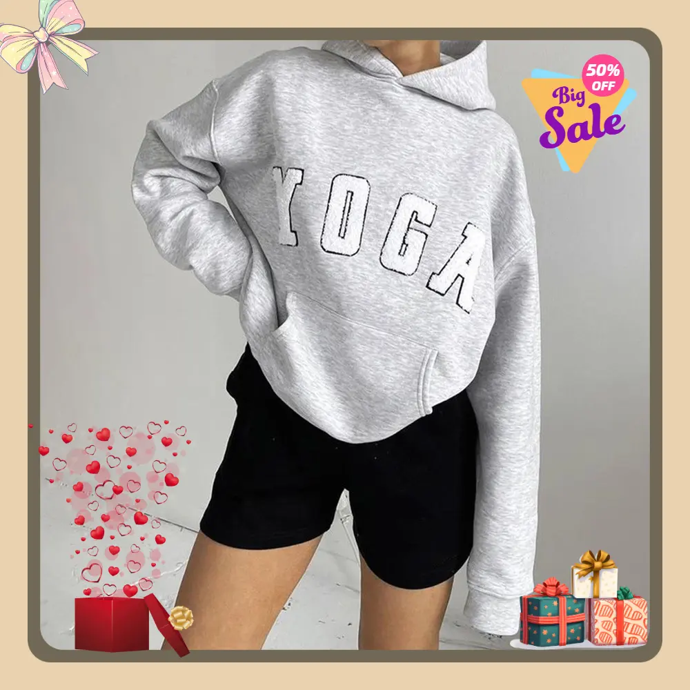 Women's yoga Embroidered Print Sweatshirt Spring and Autumn Long-sleeved Hooded Fashion Jacket,holiday outfits 2025