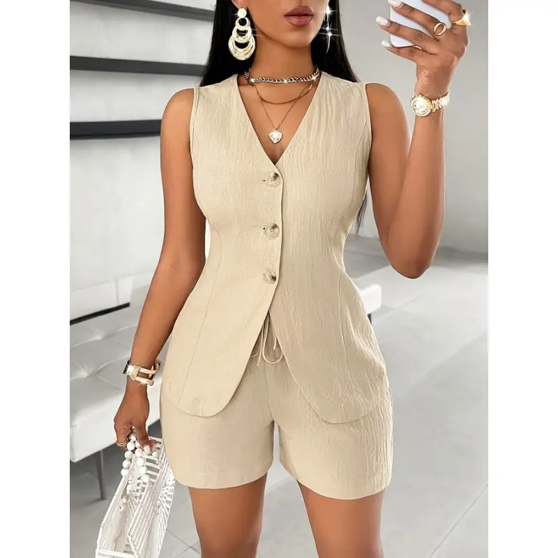 Conjunto de Pantalones Elegantes de Color Sólido, Chaleco Ajustado de Cuello en V de un Solo Pecho y Pantalones Cortos Sencillos para el Verano, Ropa de Mujer 1