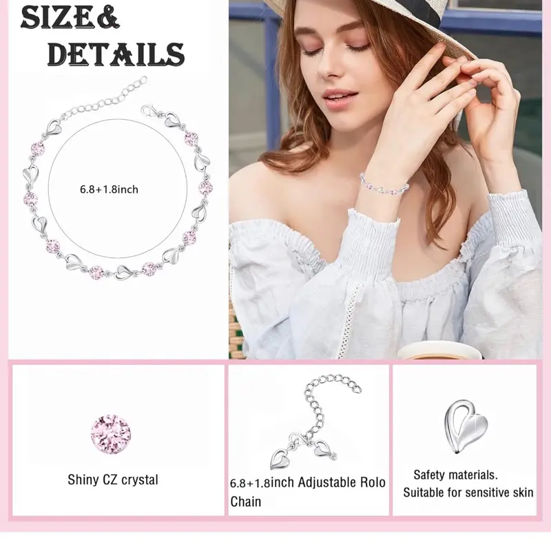 Luckimoli Silver Heart Bracelet with Shiny Crystal Diamond for Women, Adjustable Jewelry Gift for Mother's Day, Birthday, Christmas 1