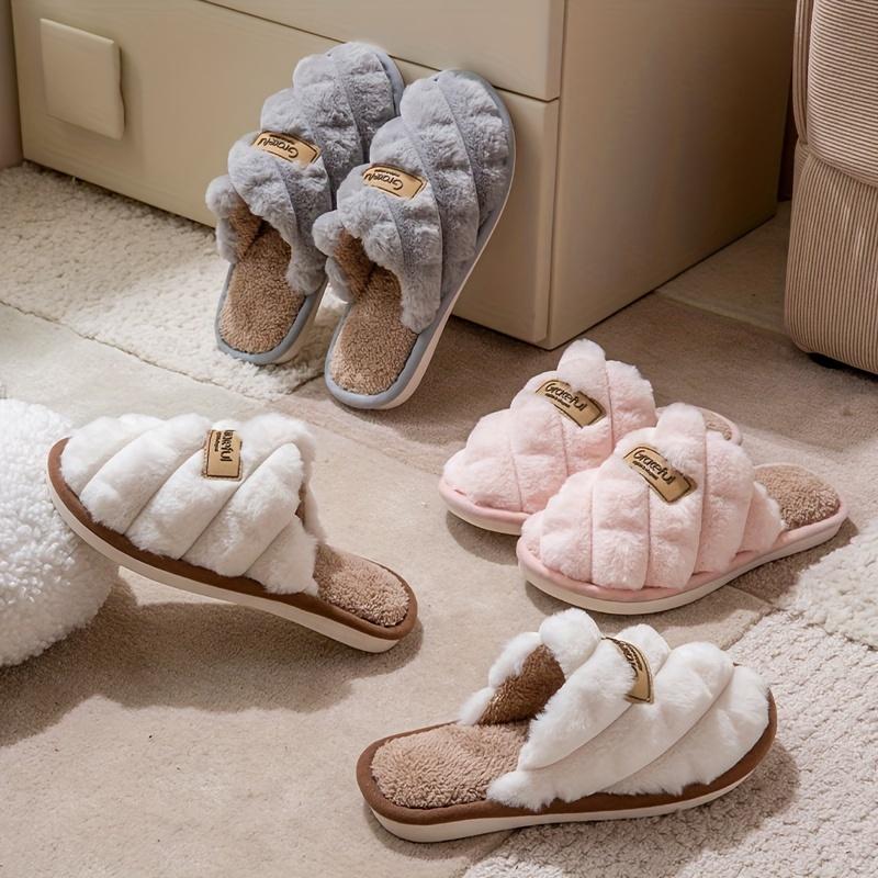 Warm Cozy Slippers - Plaid Colorblock Non-Slip Indoor Home Shoes with Soft Faux Rabbit Fur Lining for Men & Women Footwear Flipflop Girl Slide 5