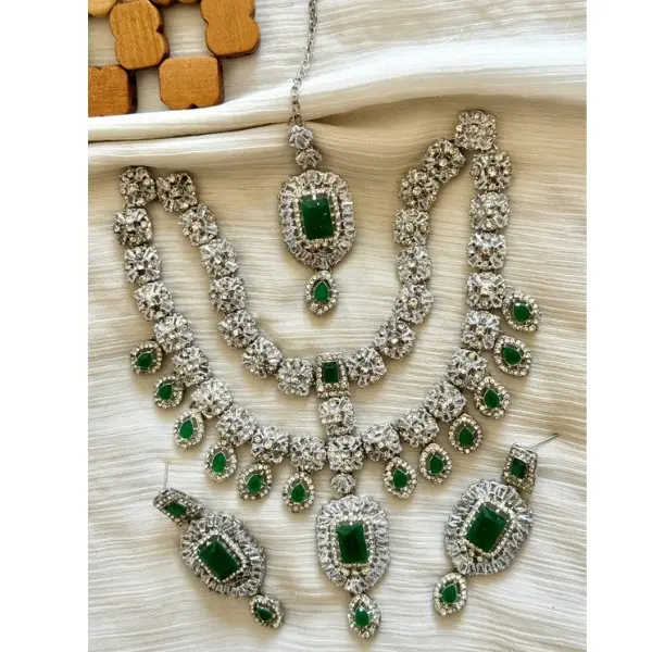 Zircon  Double Layer NeckLace Set Earings Maang Teeka 1