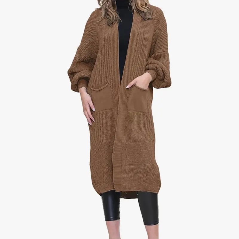 Long Ladies Balloon Sleeve Cardigan Oversized Pocket Chunky Weave Knitted Ribbed Jumper Comfort Knitwear 4