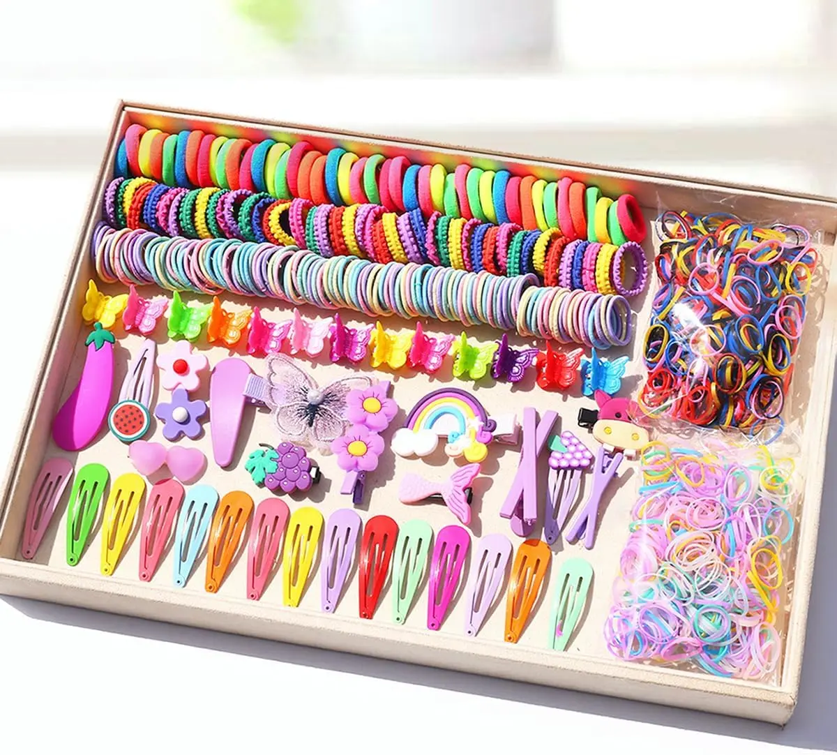 INSKIDS 844 Pcs Hair Accessories Set For Girls,Candy Colors Nylon Hair Ties,Elastic Ponytail Holders Rubber Band For Baby Kid,Cartoon Hair Clip/Band For Thick Hair & Thin