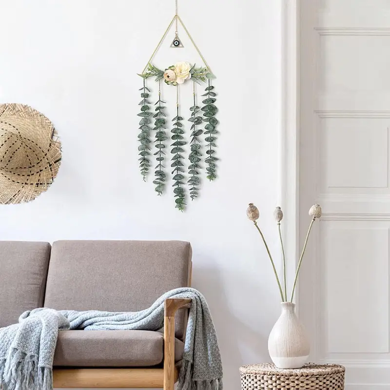 Artificial Eucalyptus Wall Hanging Decor Gold Triangle Circle Greenery Boho Chic Home Decorations Farmhouse Rustic Plants for Bedroom Living Room Apartment Ornament Gift (Eye Pendant) 1
