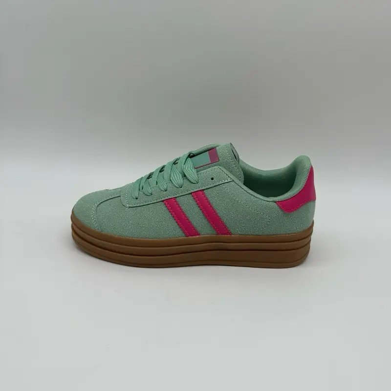 Women's Mint Green Cerise Gum Sole Platform Trainers Lace Up - Walking Shoes - Closed