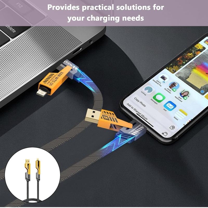 Dual Head Type-c Data USB 4-in-1 PD 65W Fast Charging Cable Flash Charging Cable For iPhone15/14/13/12/11 Pro Max/XS MAX/XR/XS/X/8/iPad/Xiaomi/Honor/Vivo/Samsung/OPPO Notebook Phone Charging Cable Smartphone Mobile Electronic Charger，Dual Edge Blade 4