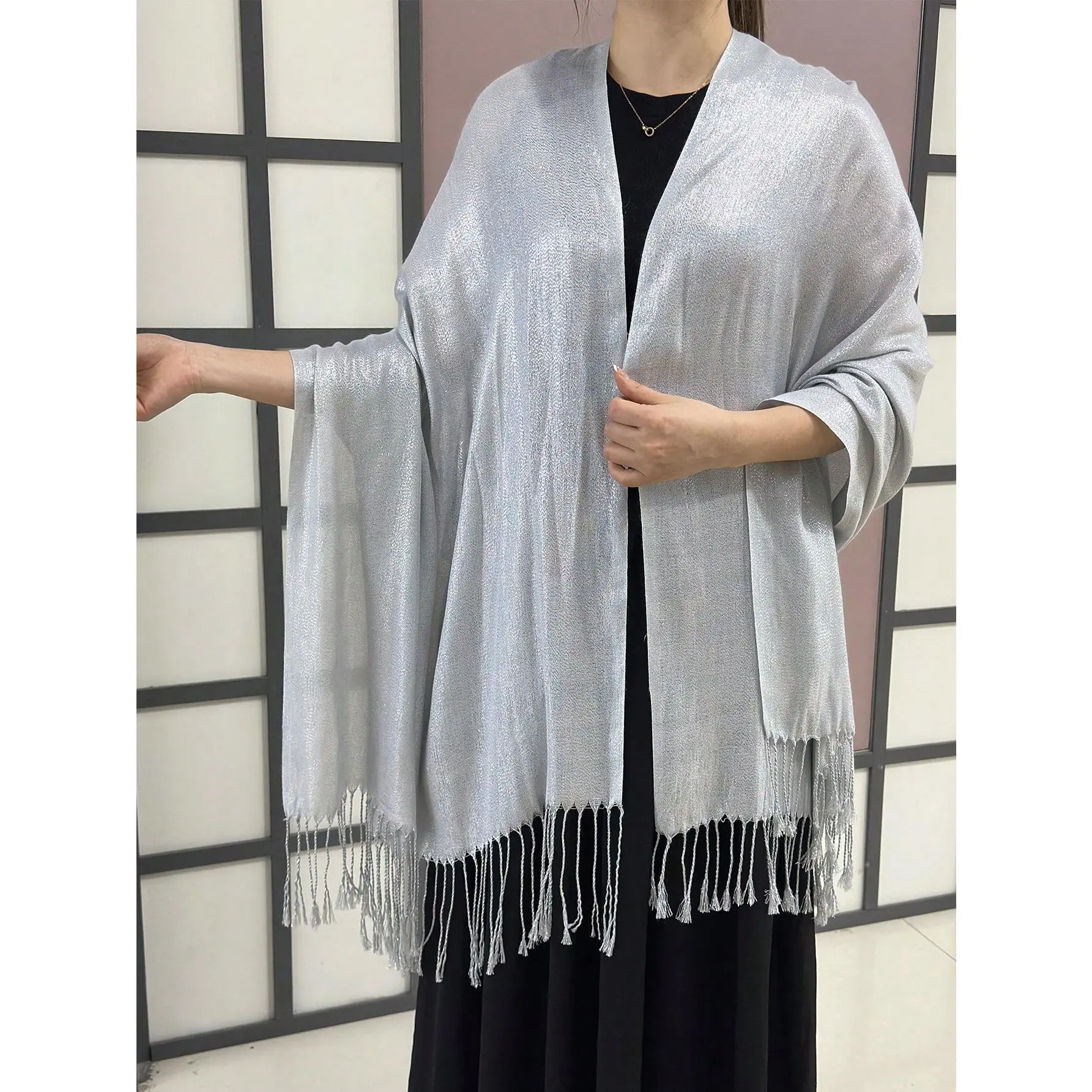 1pc Party Prom Dinner Metallic Silver Thread Wrap Shawl Elegant Winter Fall