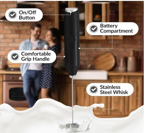 Product Introduction of Powerful Milk Frother Wand - Mini Milk Frother Handheld Stainless Steel - Battery Operated Drink Mixer for Coffee, Lattes, Cappuccino, Matcha - Froth Mate Milk Frother Gift - Black 0