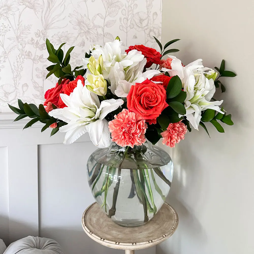 Sunset Passion - Big Flower Bouquet with Orange Carnations and Rose in White Vase - Decorative and for gifting