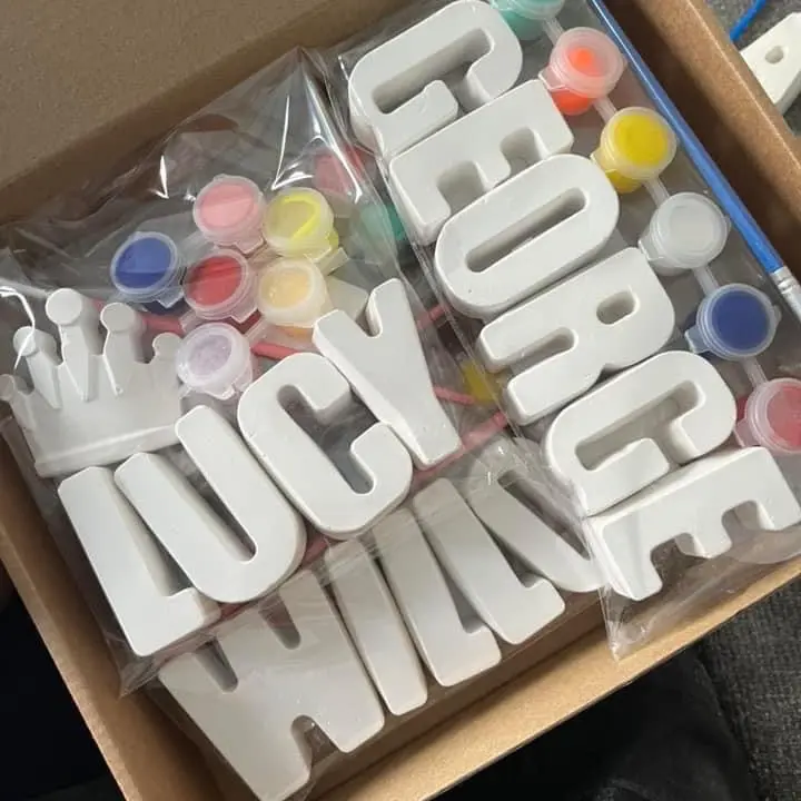 Paint Your Own - Name Bags! Get creative and PYO name! Party favours, rainy day activity or something to put a personal touch on. Paint your own name for display on a shelf!