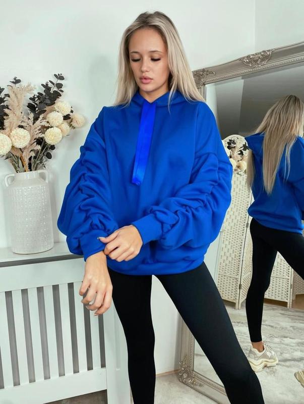 STY Women's Ruched Sleeve Oversized Ladies Ribbon Hoodie Jumper top Casual Plain Soft Womenswear Drawstring Sweaters Style hoodies 1