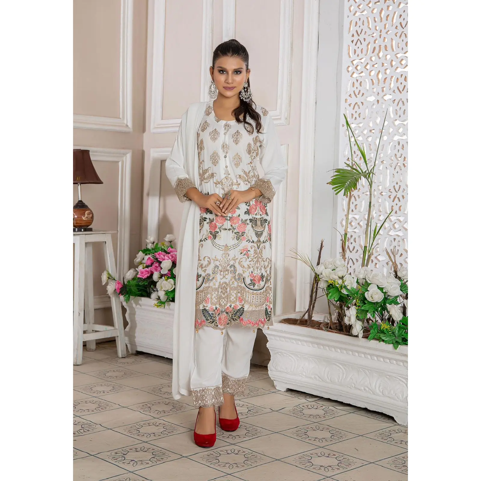 Embroidered Readymade Linen Mother & Daughter Suit WhiteTS-175 | Buy Pakistani Suits Online