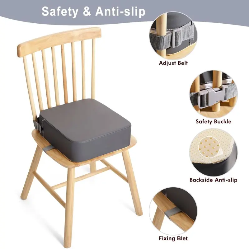 Toddler Booster Seat for Dining Chair, 10cm PU Washable Baby Booster Seat for Dining Table, Table Booster Seat for Toddler with 2 Adjustable Straps, Portable Travel Booster Cushion(Grey) 4