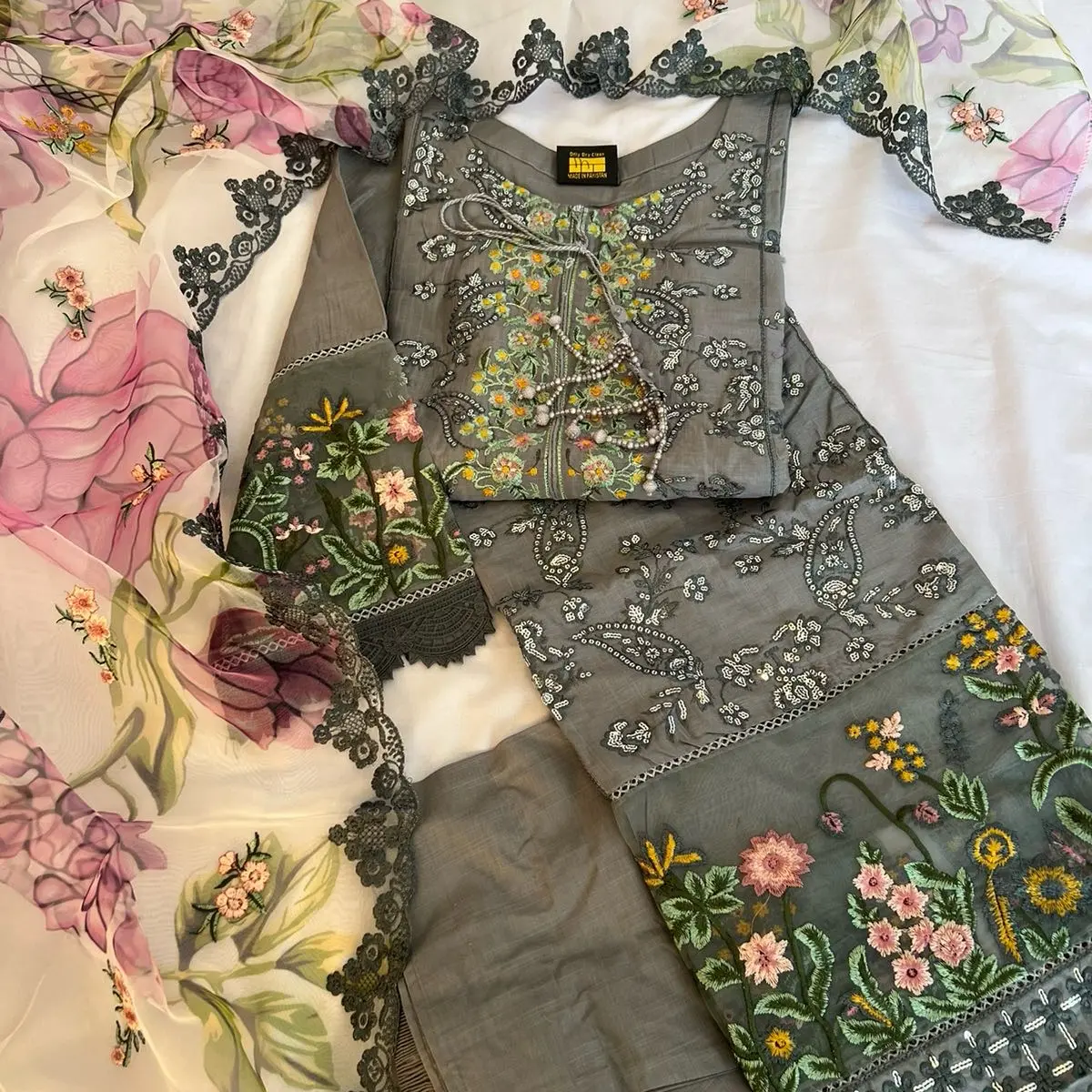 Alina cotton sequence and embroidered suit with floral dupatta