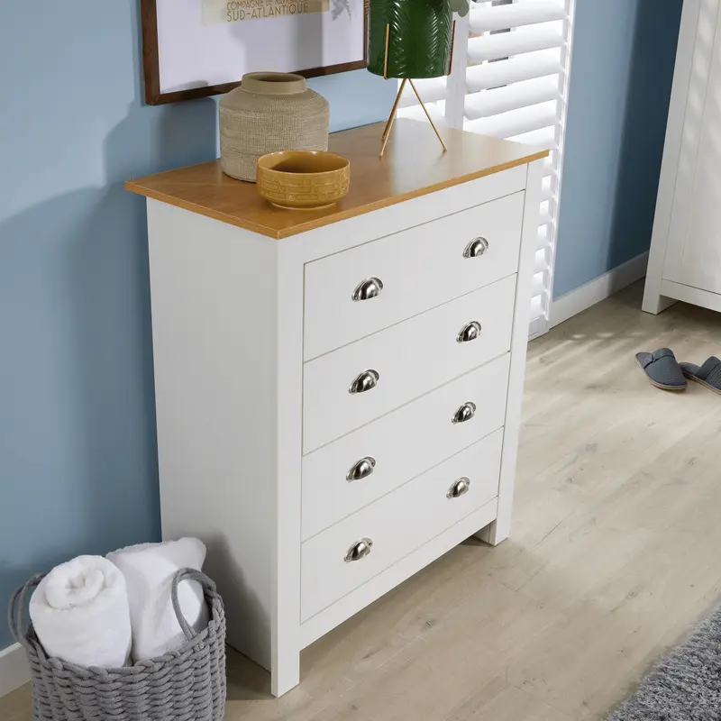 Big Furniture Warehouse Chest 4 Drawers Bedroom Furniture White Oak Top Metal Handles Wooden Nightstand 4