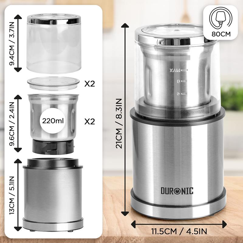 Duronic Electric Blade Coffee Grinder CG421, 2 in 1 Spice Grinder Kitchen Machine, Wet & Dry Grinding Mini Mill Hopper, 75g/220ml, 200W, 2x Stainless Steel Cups for Beans, Herbs, Nuts 1
