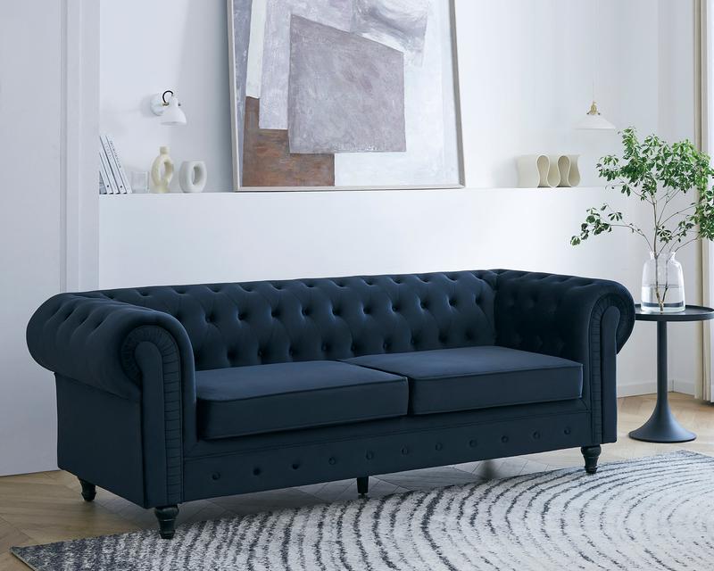 Chesterfield Velvet Fabric 3 Seater Sofa, Midnight Blue 1