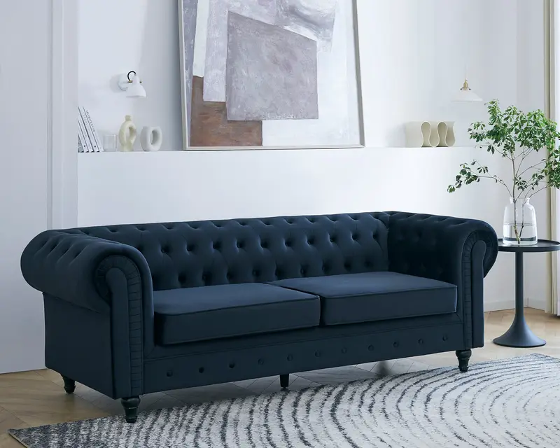 Chesterfield Velvet Fabric 3 Seater Sofa, Midnight Blue 1