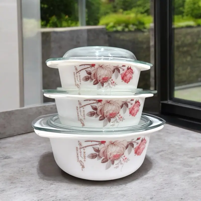 3 Piece Flower Designed Casserole Dish Bowl Set with Lids -Multi-Size Tableware Bowls