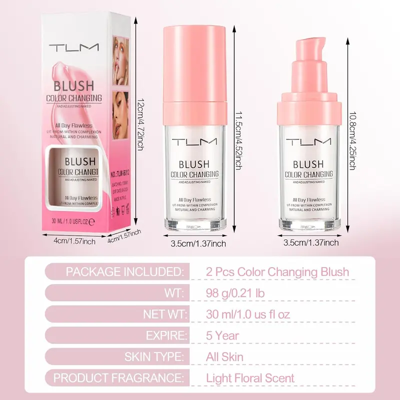 2Pcs TLM Blush Colour Changing, All Day Flawless Color Changing Blush,TLM Temperature Changing Liquid Blush for Mature Skin,Long Lasting Waterproof Blush for Face Makeup 4