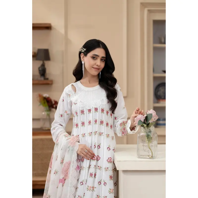 KC-1436 Embroidered Cambric Cotton long Frock Dress Ready to Wear 3 Pc - Karma Collection 5
