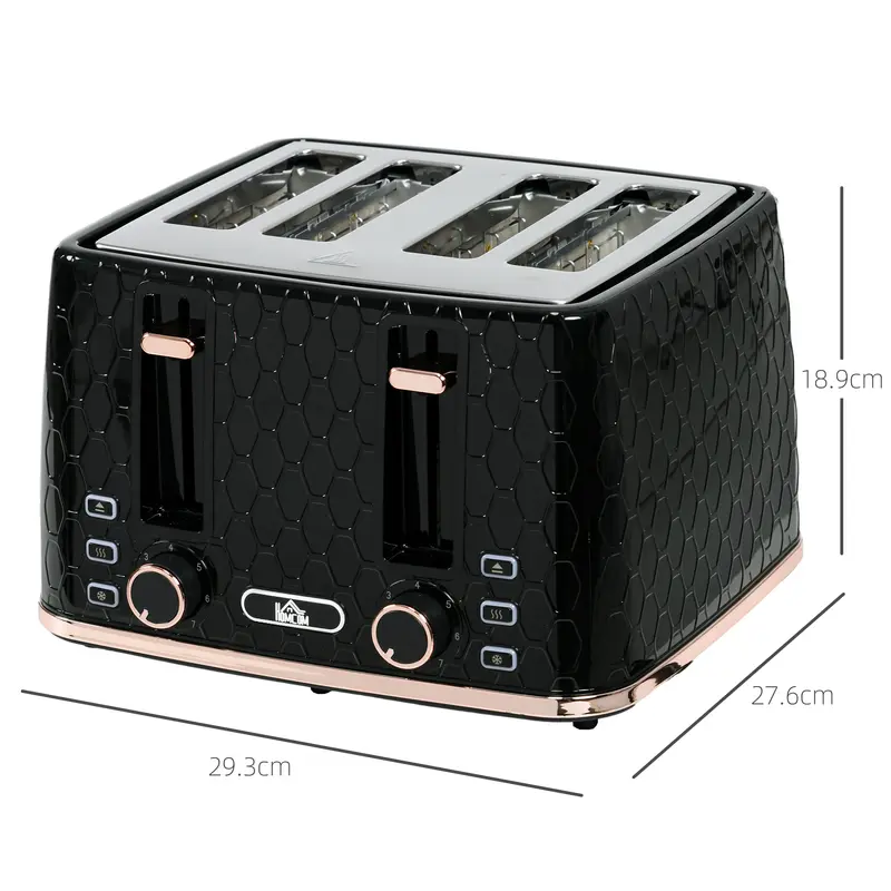 HOMCOM 4 Slice Toaster with 7 Browning Levels, High Lift, Reheat/Defrost/Cancel, Self-centring Function, Removable Crumb Tray, Auto Off, 1600W, Black Honeycomb Texture 4