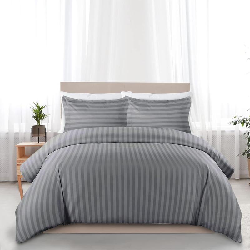 Satin Stripe Duvet Quilt Cover Bedding Set Single Double King Super-King Size W Pillowcases Microfiber Sleepdown Premium Hotel Quality Duvet Cover Set with Pillowcases Quilt Bedding Soft Easy Care Luxury Bed White Black Silver Cream Grey 7