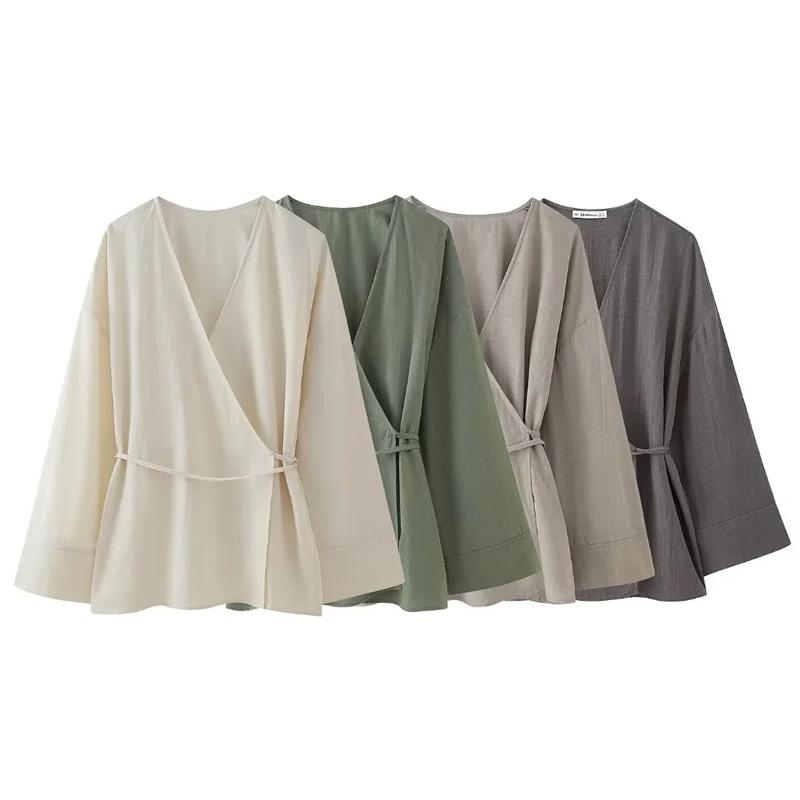 Kimono Woman Summer Long Sleeve Blouses For Women 2024 Vintage Y2k Top With Ties Loose Elegant And Youth Women's Blouses 0