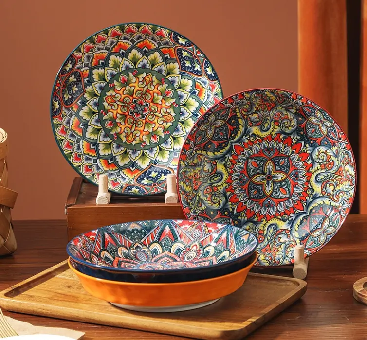 Bohemian Style Ceramic Dinner Plate Set, 4 Counts/set Creative Breakfast Bowl, Large Deep Plate for Home and Restaurant Use Stylish Aesthetic 8